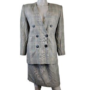 Vintage 80s Plaid Suit Set Women 6 Small Black White Pink Skirt Blazer Jacket S